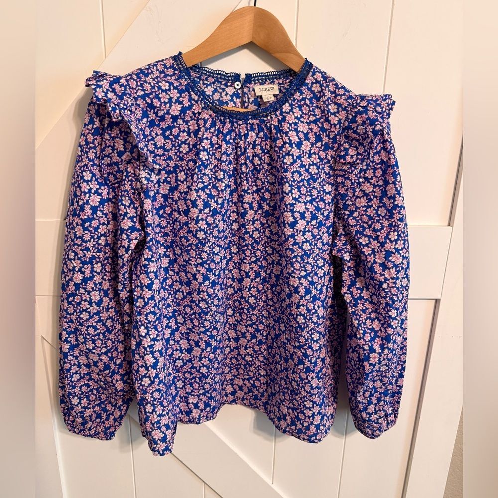 J. Crew Floral Blouse in Blue and Pink Long-sleeve ruffle-shoulder top Large